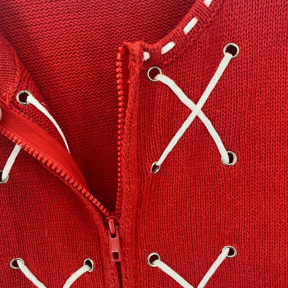 HSN Storybook Knits Red Lace Up Zip Front Cardigan Cottagecore Sweater XS - Picture 4 of 9